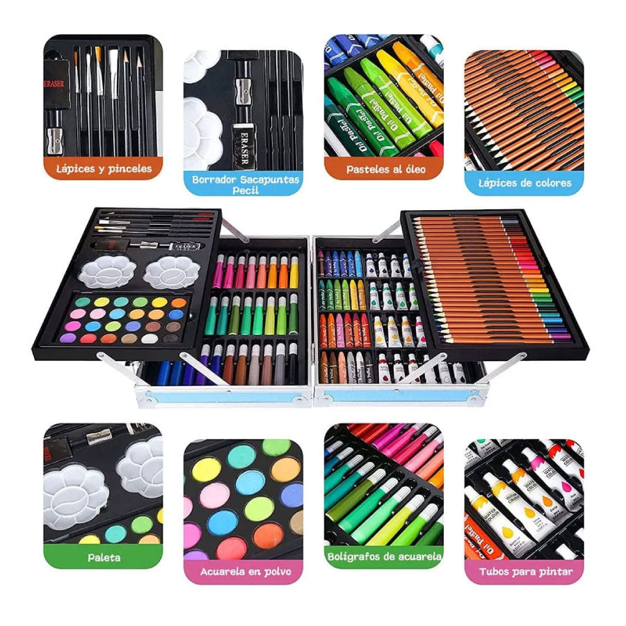 Kit/set De Arte Dibujo Maletin Metalico 145 Piezas Niños